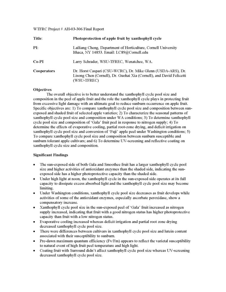 Photoprotection of apple fruit by xanthophyll cycle - Washington Tree ...