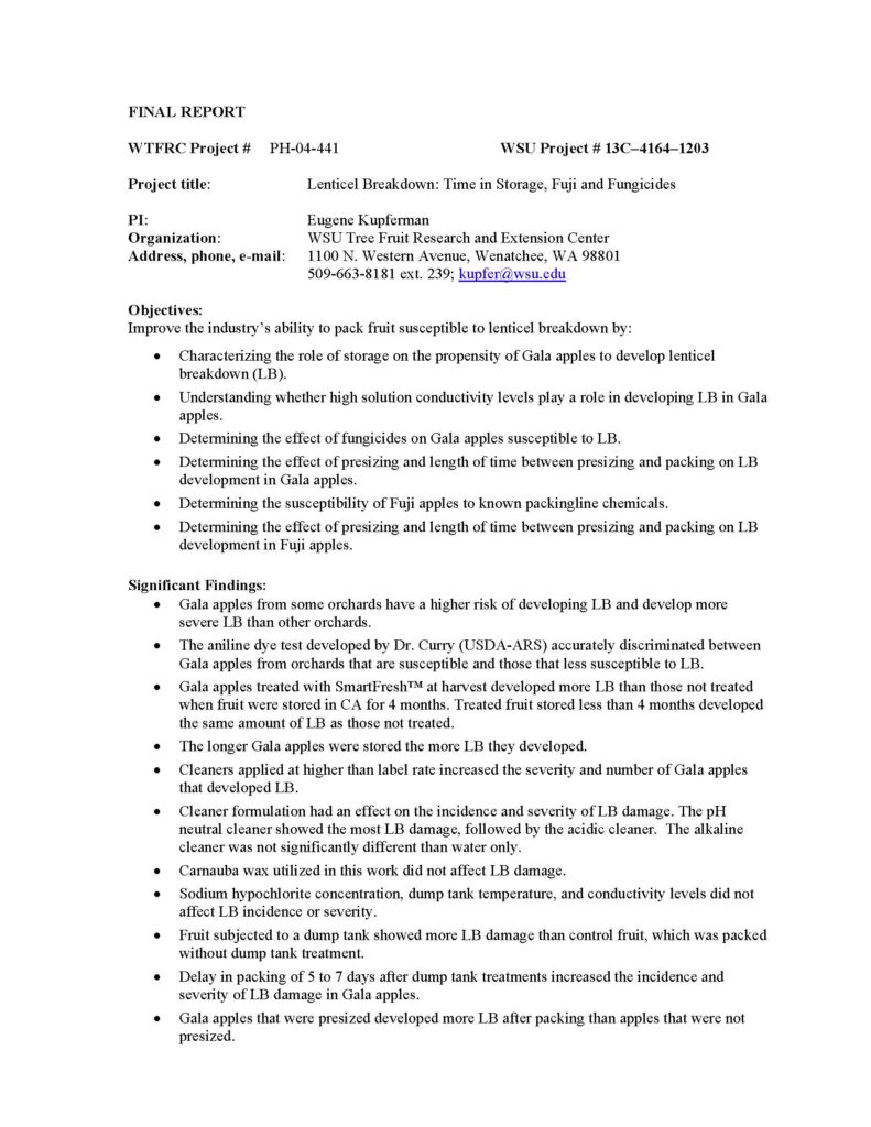Lenticel Breakdown: Time in Storage, Fuji and Fungicides - Washington ...